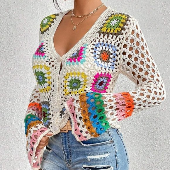 White Boho Womens Floral Pattern Hollow Out Flounce Sleeve Cardigan - Picture 3 of 5